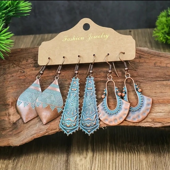 copper turquoise Tribal earring bundle Boho JEWELRY - Picture 3 of 6